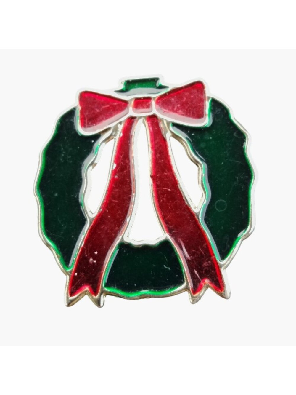 Christmas Wreath Pin Brooch Green Red Bow Vintage Holiday Enamel Jewelry